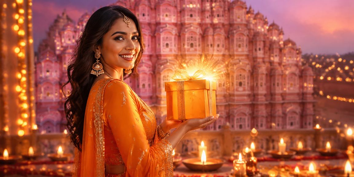 Festive lottery promotions during Diwali festival with Hawa Mahal backdrop in Jaipur